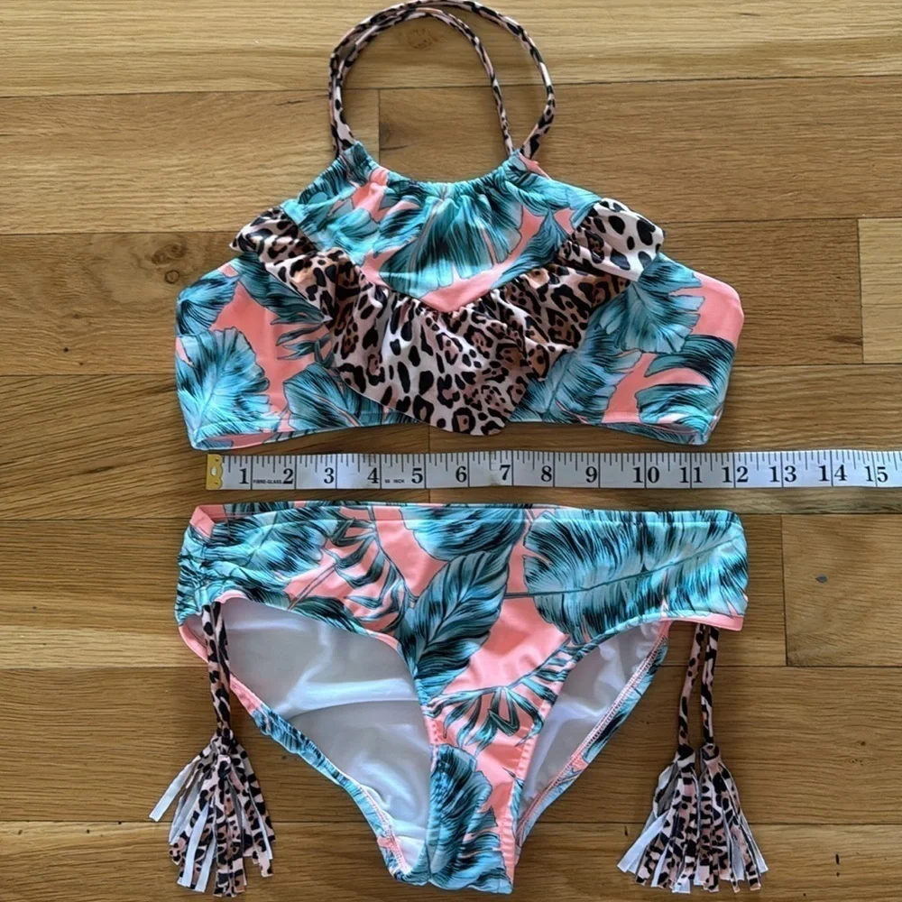 Seafolly Tropical Floral Leopard Print Two Piece Bikini Girls 12